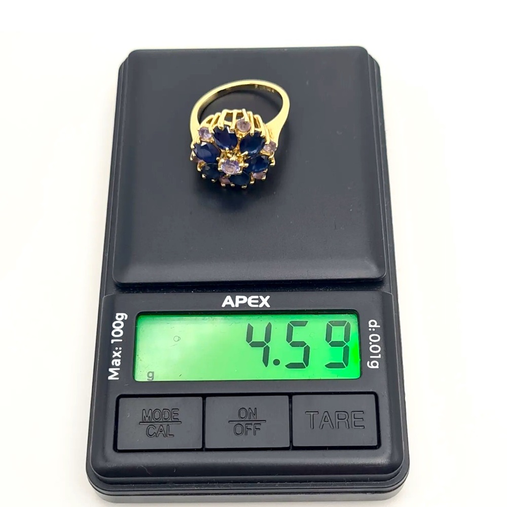 Vintage 14K Yellow Gold Sapphire Flower Cocktail Statement Ring Size 6 - Picture 7 of 9